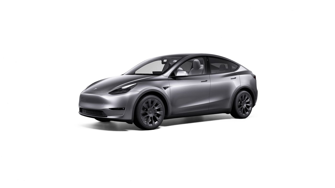 Tesla Model Y RWD cinzento, vista frontal 3/4