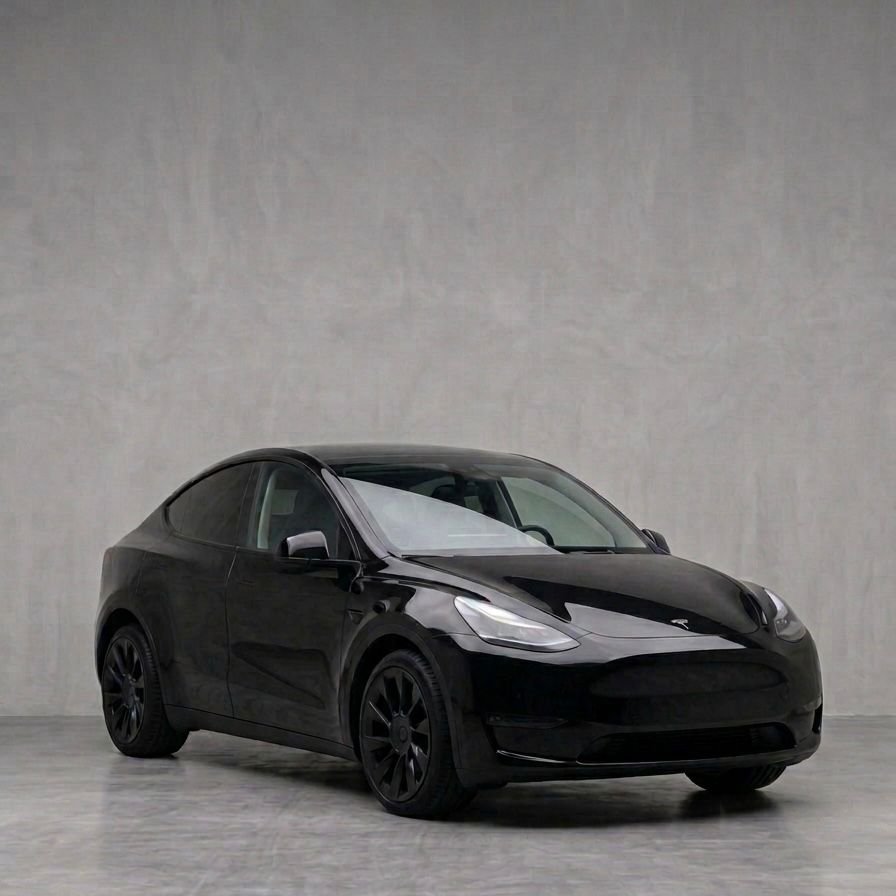 Tesla Model Y RWD preto, vista frontal 3/4